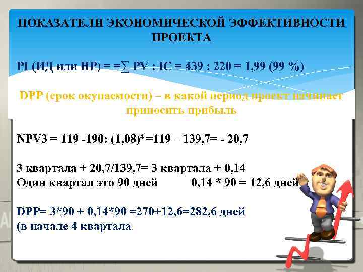 ПОКАЗАТЕЛИ ЭКОНОМИЧЕСКОЙ ЭФФЕКТИВНОСТИ ПРОЕКТА PI (ИД или НР) = =∑ PV : IC =