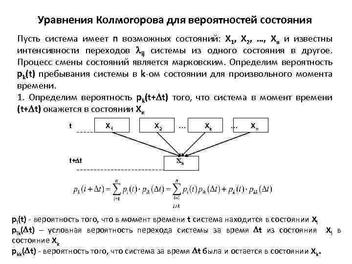 Уравнения Колмогорова для вероятностей состояния Пусть система имеет n возможных состояний: Х 1, Х