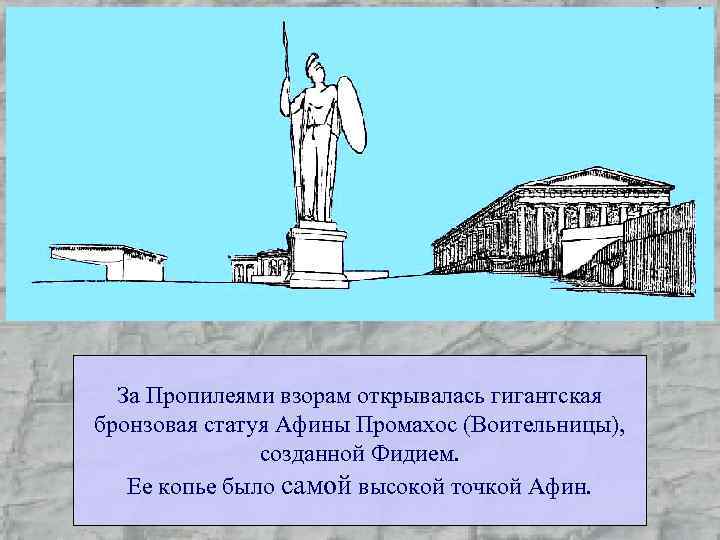 За Пропилеями взорам открывалась гигантская бронзовая статуя Афины Промахос (Воительницы), созданной Фидием. Ее копье