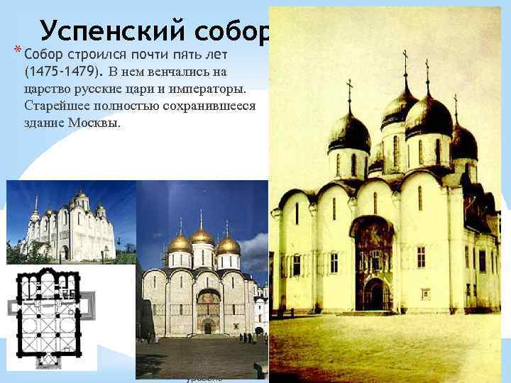 Успенский собор. * Собор строился почти пять лет (1475 -1479). В нем венчались на