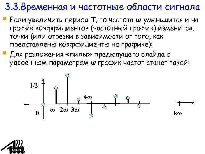 3. 3. Временная и частотные области сигнала Если увеличить период T, то частота ω
