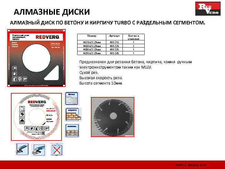 АЛМАЗНЫЕ ДИСКИ АЛМАЗНЫЙ ДИСК ПО БЕТОНУ И КИРПИЧУ TURBO С РАЗДЕЛЬНЫМ СЕГМЕНТОМ. Размер Артикул