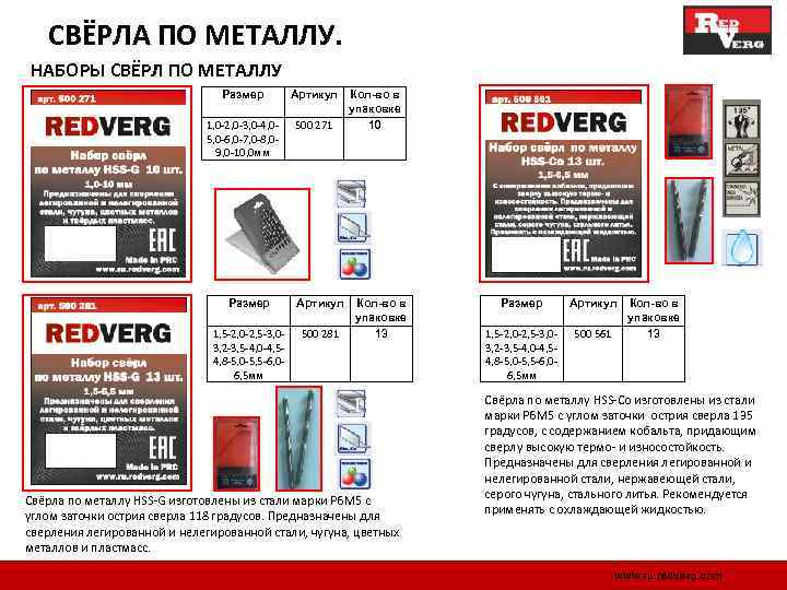 СВЁРЛА ПО МЕТАЛЛУ. НАБОРЫ СВЁРЛ ПО МЕТАЛЛУ Размер Артикул 1, 0 -2, 0 -3,