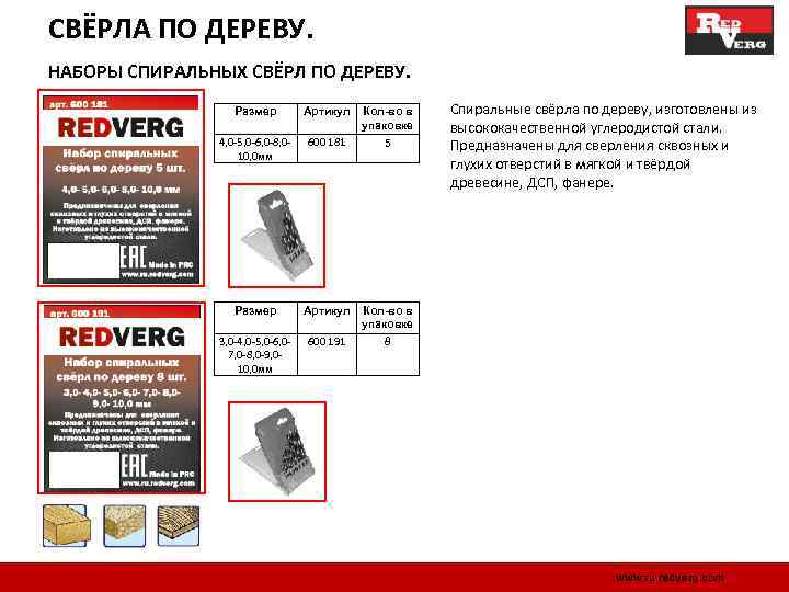 СВЁРЛА ПО ДЕРЕВУ. НАБОРЫ СПИРАЛЬНЫХ СВЁРЛ ПО ДЕРЕВУ. Размер Артикул 4, 0 -5, 0