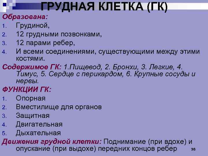 ГРУДНАЯ КЛЕТКА (ГК) Образована: 1. Грудиной, 2. 12 грудными позвонками, 3. 12 парами ребер,