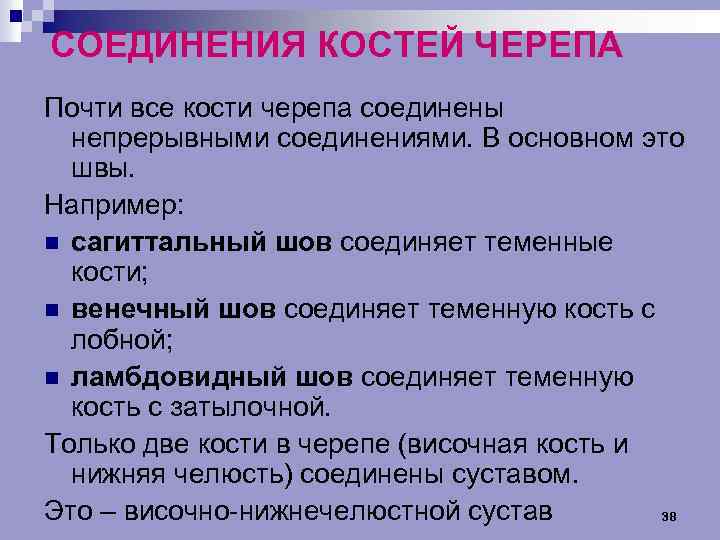 СОЕДИНЕНИЯ КОСТЕЙ ЧЕРЕПА Почти все кости черепа соединены непрерывными соединениями. В основном это швы.