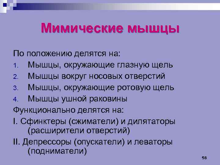Мимические мышцы По положению делятся на: 1. Мышцы, окружающие глазную щель 2. Мышцы вокруг