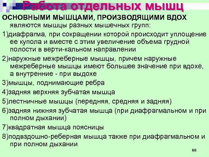 Работа отдельных мышц ОСНОВНЫМИ МЫШЦАМИ, ПРОИЗВОДЯЩИМИ ВДОХ являются мышцы разных мышечных групп: 1)диафрагма, при