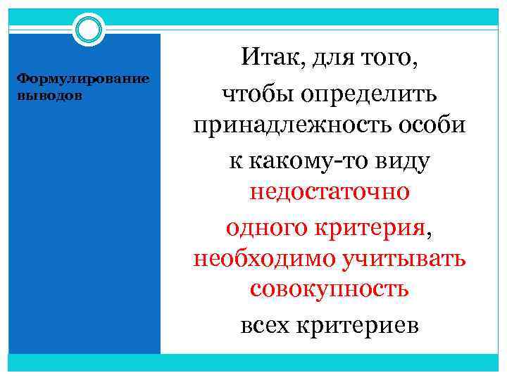 Формулирование выводов Итак, для того, чтобы определить принадлежность особи к какому-то виду недостаточно одного