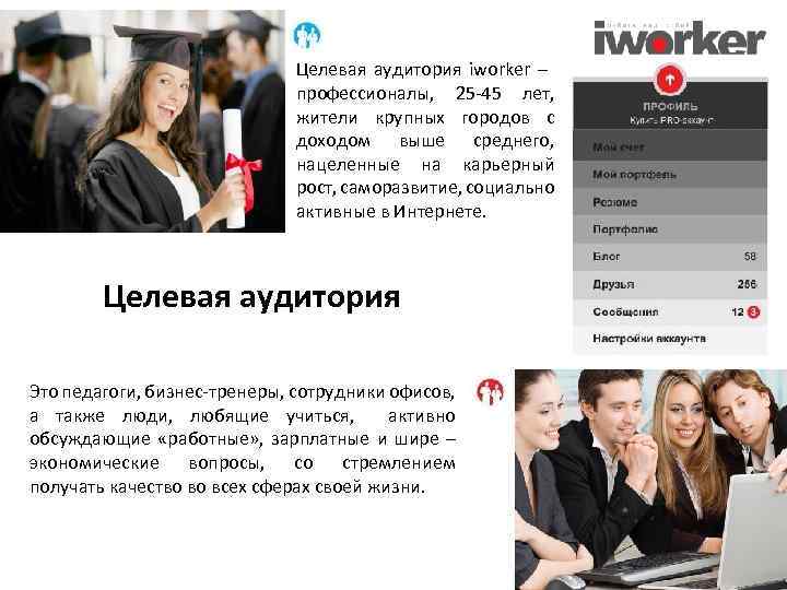 Целевая аудитория iworker – профессионалы, 25 -45 лет, жители крупных городов с доходом выше