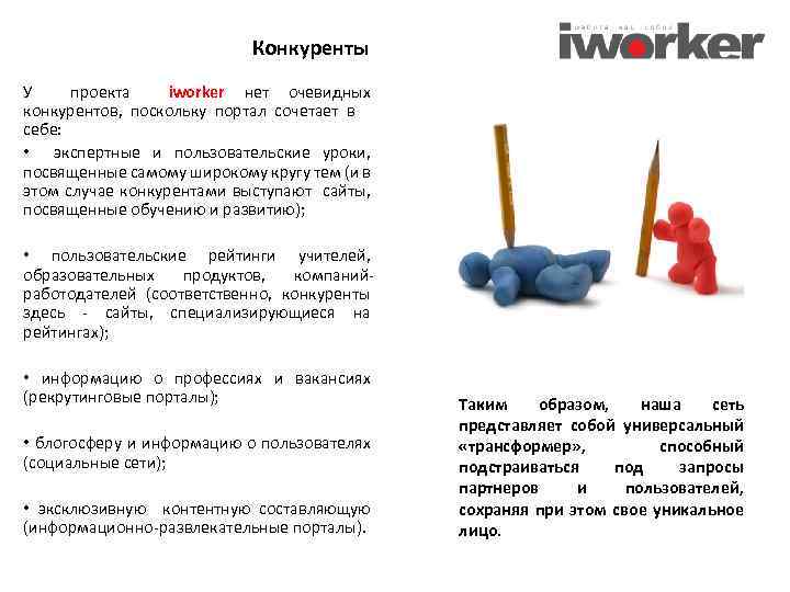 Конкуренты У проекта iworker нет очевидных конкурентов, поскольку портал сочетает в себе: • экспертные