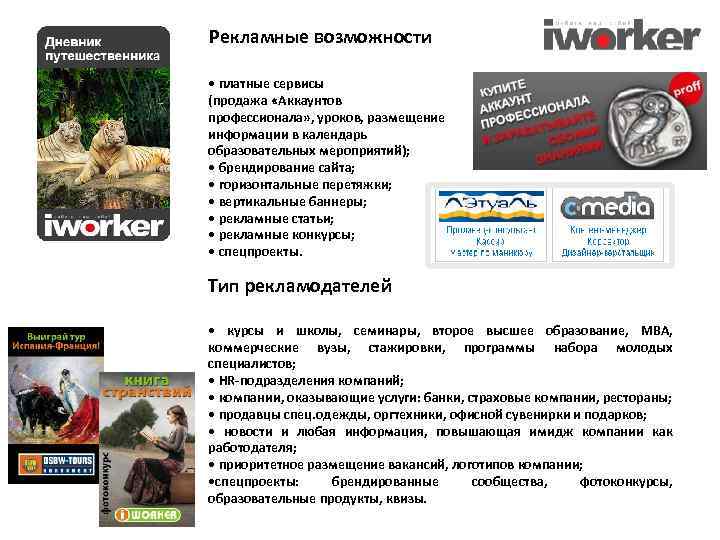 Рекламные возможности • платные сервисы (продажа «Аккаунтов профессионала» , уроков, размещение информации в календарь