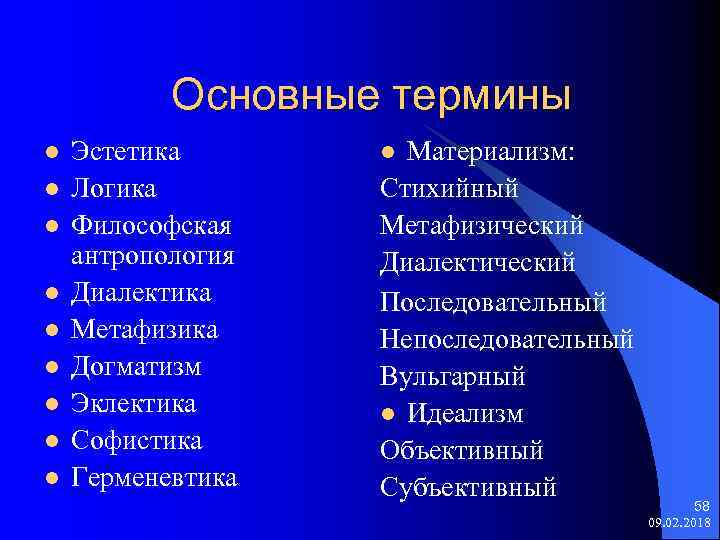 Основные термины l l l l l Эстетика Логика Философская антропология Диалектика Метафизика Догматизм