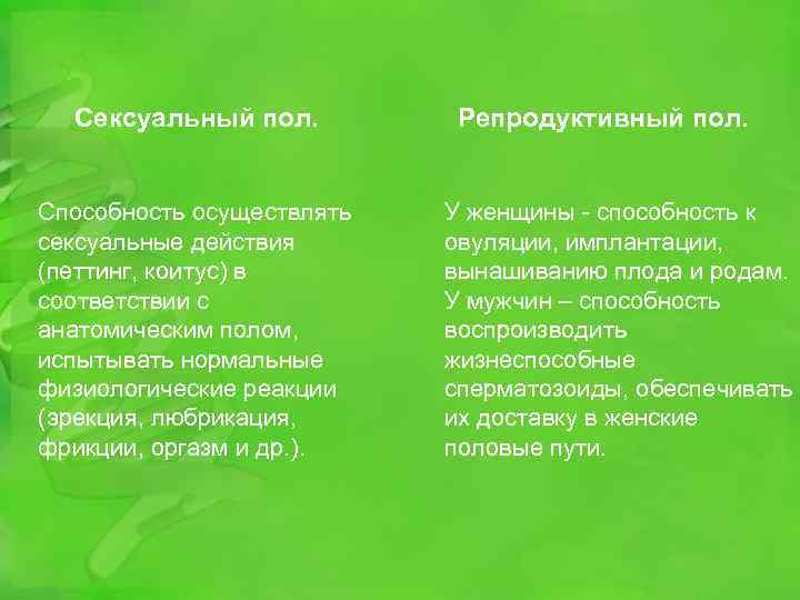 Сексуальный пол. Способность осуществлять сексуальные действия (петтинг, коитус) в соответствии с анатомическим полом, испытывать