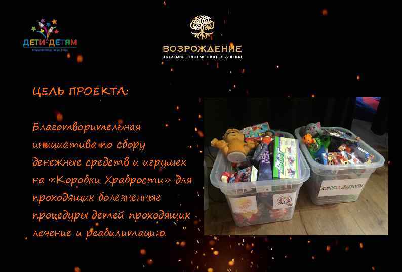 ЦЕЛЬ ПРОЕКТА: Благотворительная инициатива по сбору денежные средств и игрушек на «Коробки Храбрости» для