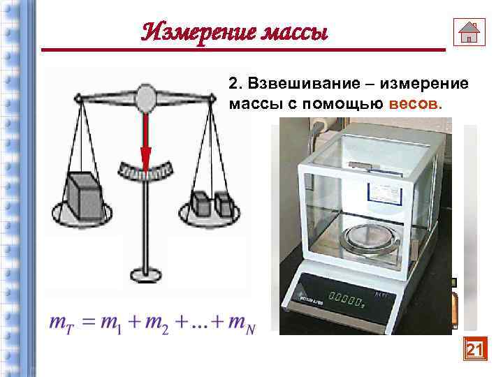 Измерение массы 2. Взвешивание – измерение массы с помощью весов. 21 