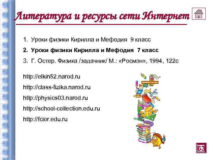 Литература и ресурсы сети Интернет 1. Уроки физики Кирилла и Мефодия 9 класс 2.