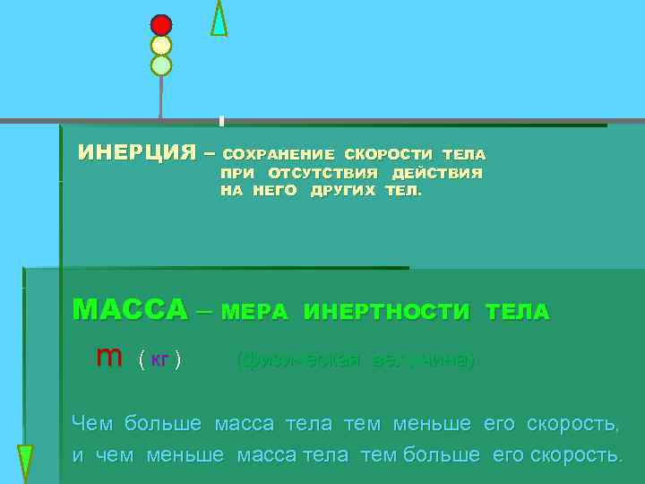 ИНЕРЦИЯ – СОХРАНЕНИЕ СКОРОСТИ ТЕЛА ПРИ ОТСУТСТВИЯ ДЕЙСТВИЯ НА НЕГО ДРУГИХ ТЕЛ. МАССА –
