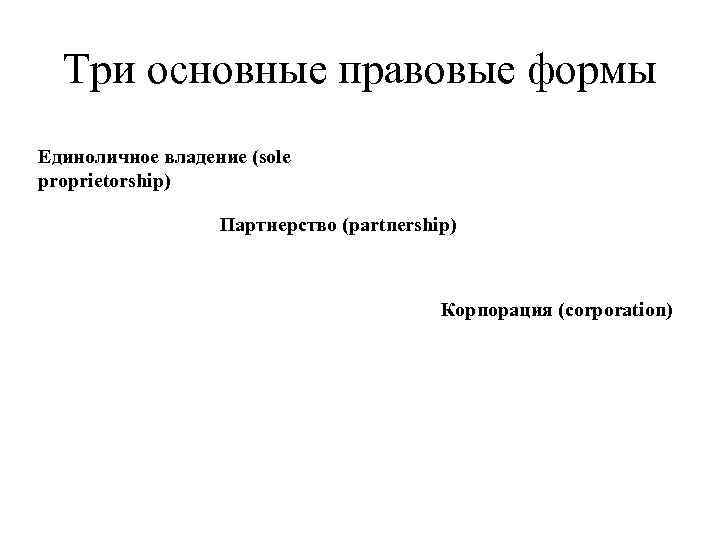 Три основные правовые формы Единоличное владение (sole proprietorship) Партнерство (partnership) Корпорация (corporation) 