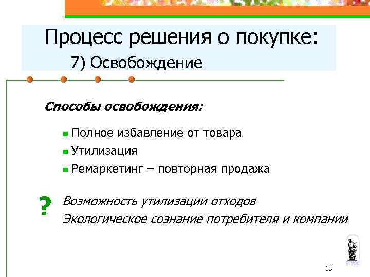 Процесс решения о покупке: 7) Освобождение Способы освобождения: Полное избавление от товара n Утилизация