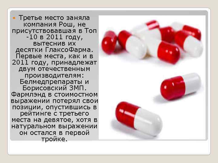 Третье место заняла компания Рош, не присутствовавшая в Топ -10 в 2011 году, вытеснив