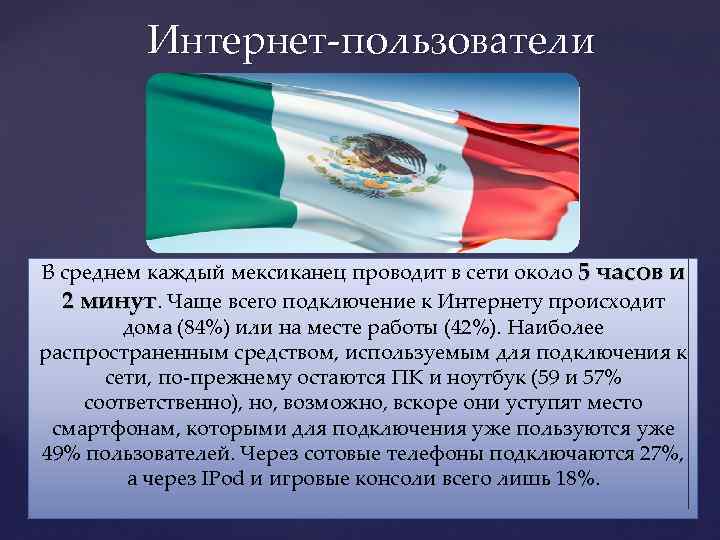 Интернет-пользователи В среднем каждый мексиканец проводит в сети около 5 часов и 2 минут.