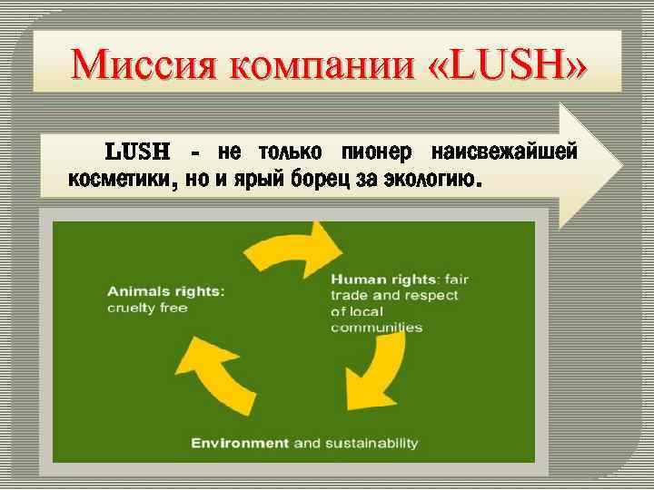 Миссия компании «LUSH» LUSH - не только пионер наисвежайшей косметики, но и ярый борец