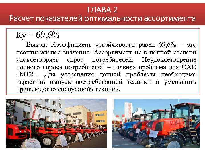 ГЛАВА 2 Расчет показателей оптимальности ассортимента Ку = 69, 6% Вывод: Коэффициент устойчивости равен