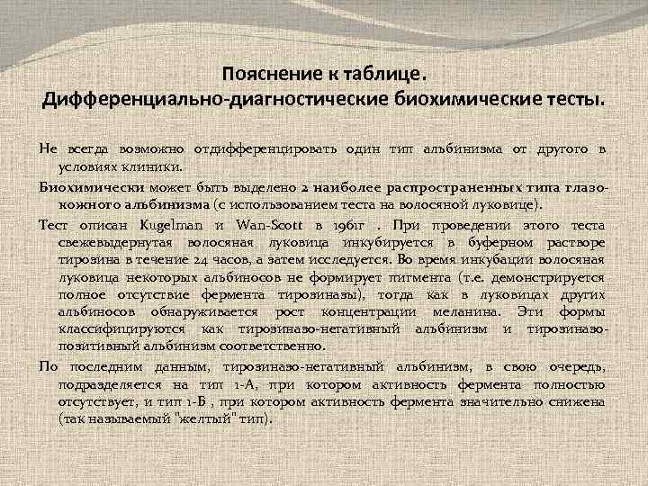 Пояснение к таблице. Дифференциально-диагностические биохимические тесты. Не всегда возможно отдифференцировать один тип альбинизма от