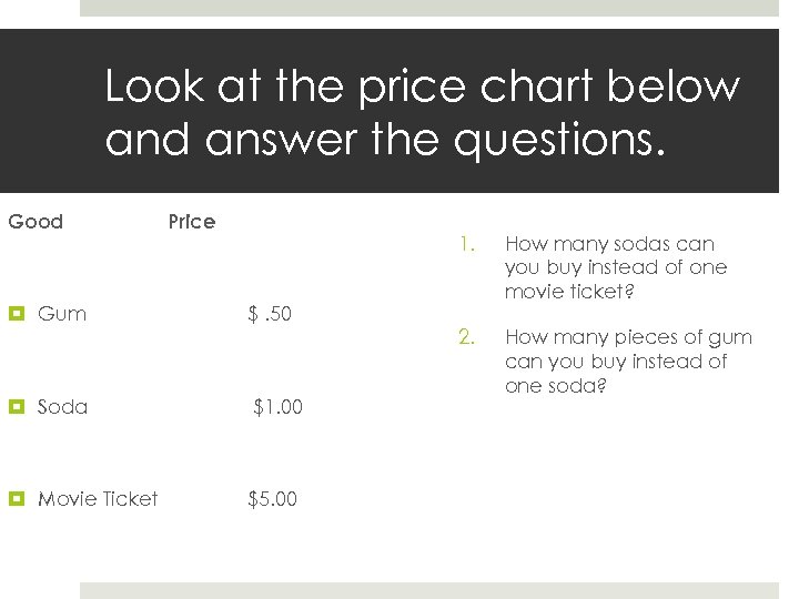 Look at the price chart below and answer the questions. Good Price 1. Gum