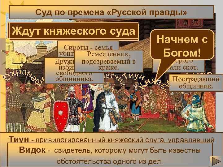 Суд во времена «Русской правды» Князюкняжеского суда Ждутвершит Суд помогает На суде присутствуют Сироты