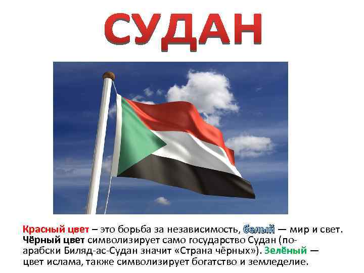 Красный цвет – это борьба за независимость, белый — мир и свет. белый Чёрный