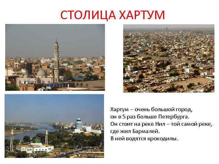 СТОЛИЦА ХАРТУМ Хартум – очень большой город, он в 5 раз больше Петербурга. Он