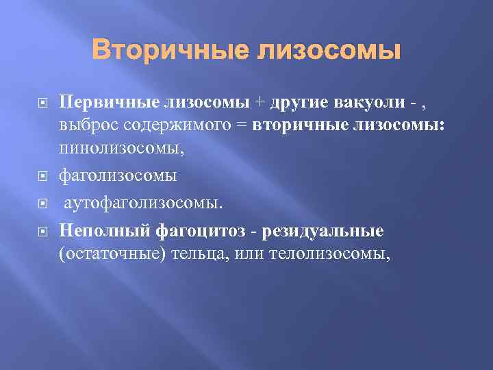 Вторичные лизосомы Первичные лизосомы + другие вакуоли - , выброс содержимого = вторичные лизосомы: