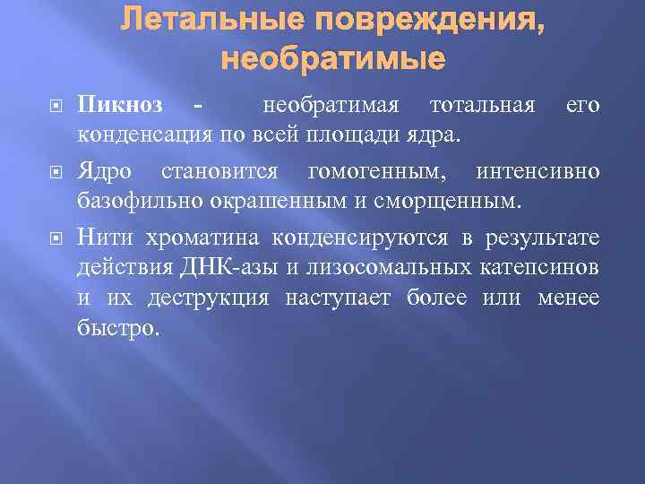 Летальные повреждения, необратимые Пикноз необратимая тотальная его конденсация по всей площади ядра. Ядро становится