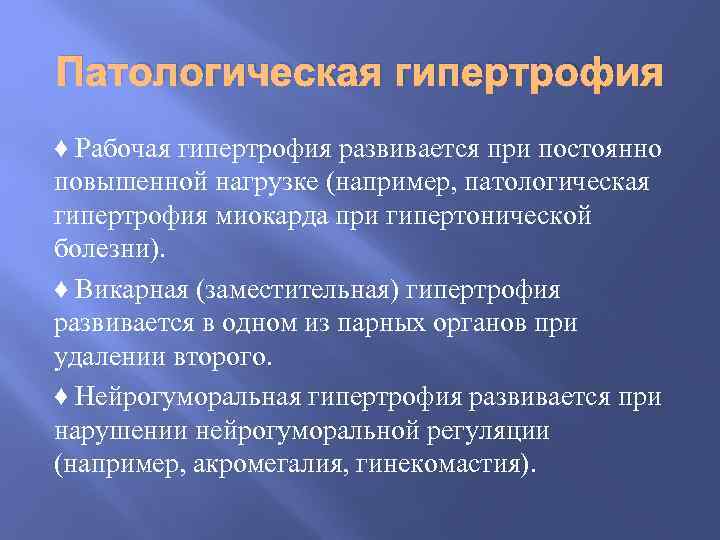 Патологическая гипертрофия ♦ Рабочая гипертрофия развивается при постоянно повышенной нагрузке (например, патологическая гипертрофия миокарда