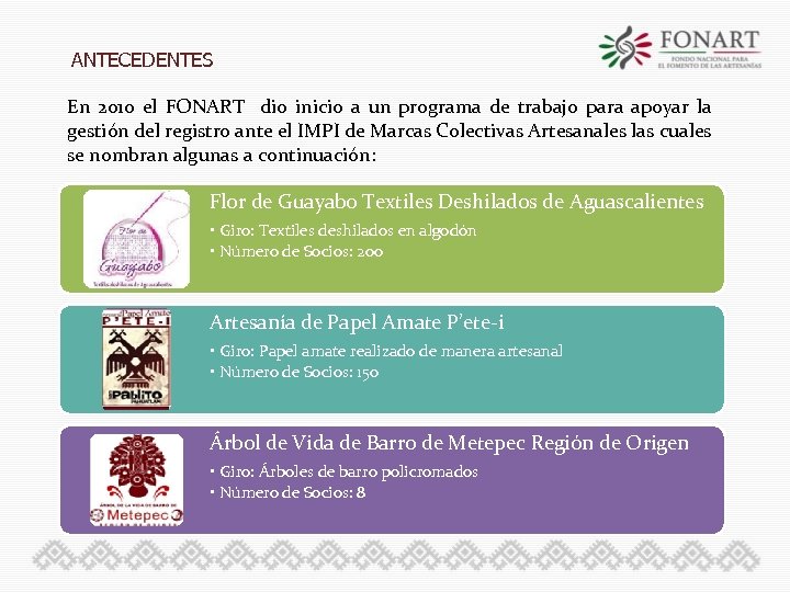 ANTECEDENTES En 2010 el FONART dio inicio a un programa de trabajo para apoyar