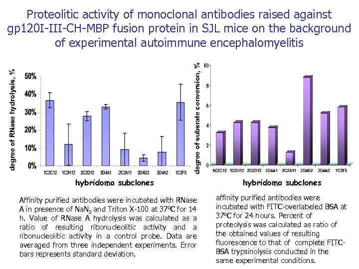 degree of RNase hydrolysis, % degree of subsrate conversion, % Proteolitic activity of monoclonal