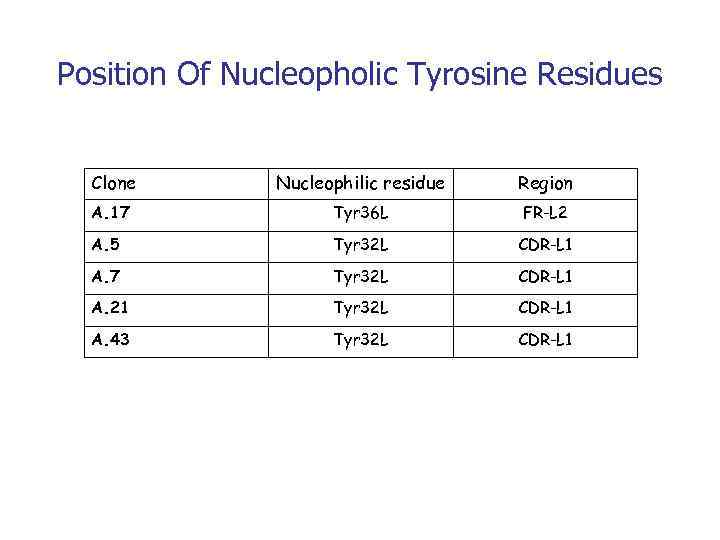 Position Of Nucleopholic Tyrosine Residues Clone Nucleophilic residue Region А. 17 Tyr 36 L