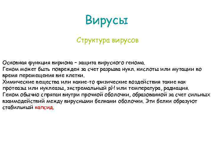 Вирусы Структура вирусов Основная функция вириона – защита вирусного генома. Геном может быть поврежден