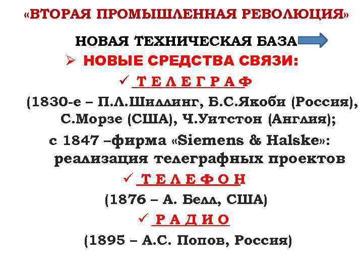  «ВТОРАЯ ПРОМЫШЛЕННАЯ РЕВОЛЮЦИЯ» НОВАЯ ТЕХНИЧЕСКАЯ БАЗА Ø НОВЫЕ СРЕДСТВА СВЯЗИ: ü ТЕЛЕГРАФ (1830