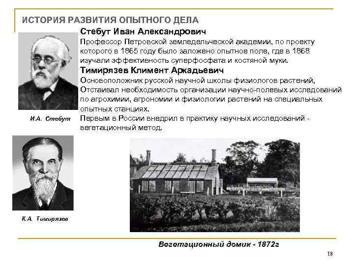 ИСТОРИЯ РАЗВИТИЯ ОПЫТНОГО ДЕЛА Стебут Иван Александрович Профессор Петровской земледельческой академии, по проекту которого