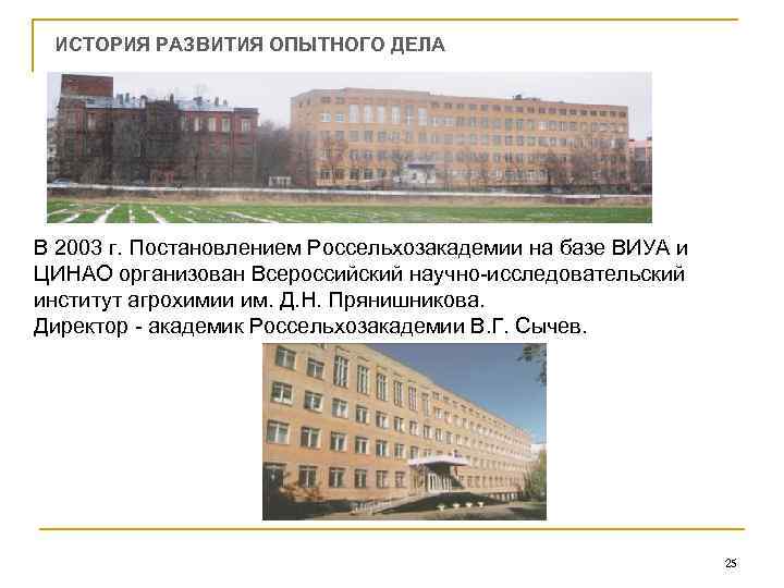 ИСТОРИЯ РАЗВИТИЯ ОПЫТНОГО ДЕЛА В 2003 г. Постановлением Россельхозакадемии на базе ВИУА и ЦИНАО