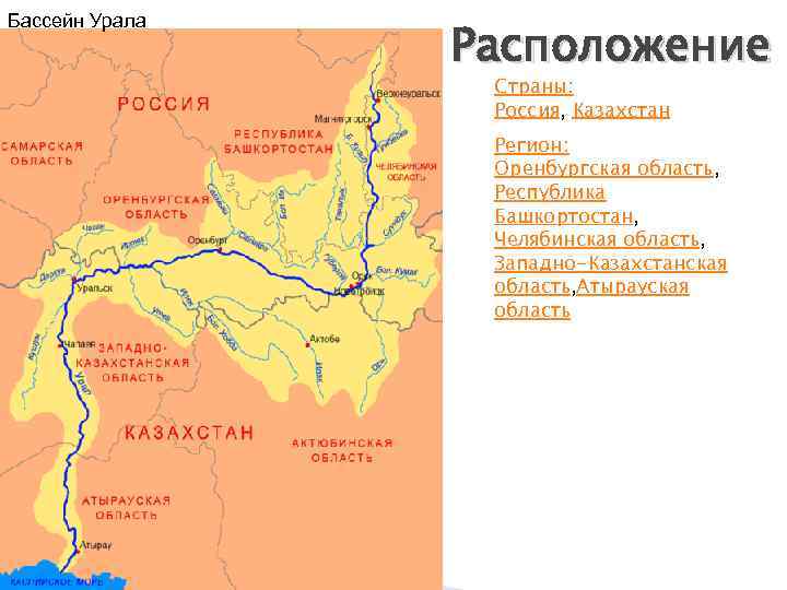 Бассейн Урала Расположение Страны: Россия, Казахстан Регион: Оренбургская область, Республика Башкортостан, Челябинская область, Западно-Казахстанская