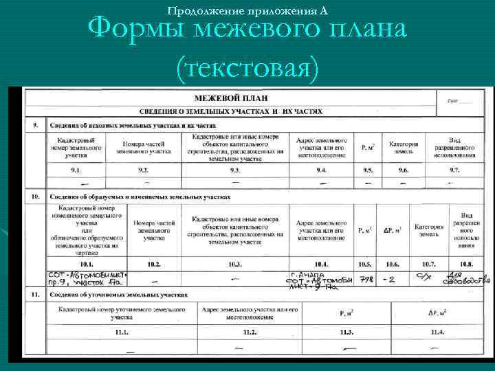 Продолжение приложения А Формы межевого плана (текстовая) 