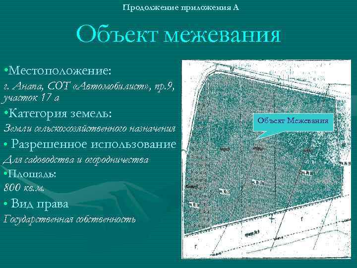 Продолжение приложения А Объект межевания • Местоположение: г. Анапа, СОТ «Автомобилист» , пр. 9,