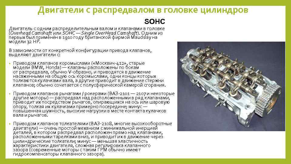 Двигатели с распредвалом в головке цилиндров SOHC Двигатель с одним распределительным валом и клапанами