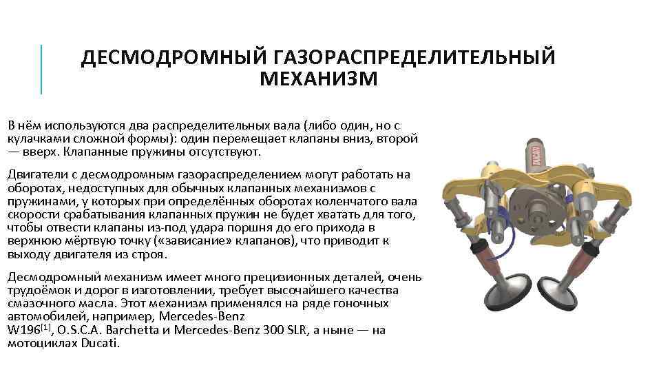 ДЕСМОДРОМНЫЙ ГАЗОРАСПРЕДЕЛИТЕЛЬНЫЙ МЕХАНИЗМ В нём используются два распределительных вала (либо один, но с кулачками