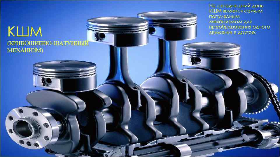 КШМ (КРИВОШИПНО-ШАТУННЫЙ МЕХАНИЗМ) На сегодняшний день КШМ является самым популярным механизмом для преобразования одного