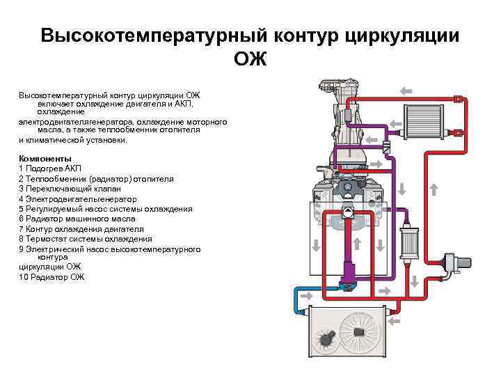 Высокотемпературный контур циркуляции ОЖ включает охлаждение двигателя и АКП, охлаждение электродвигателягенератора, охлаждение моторного масла,